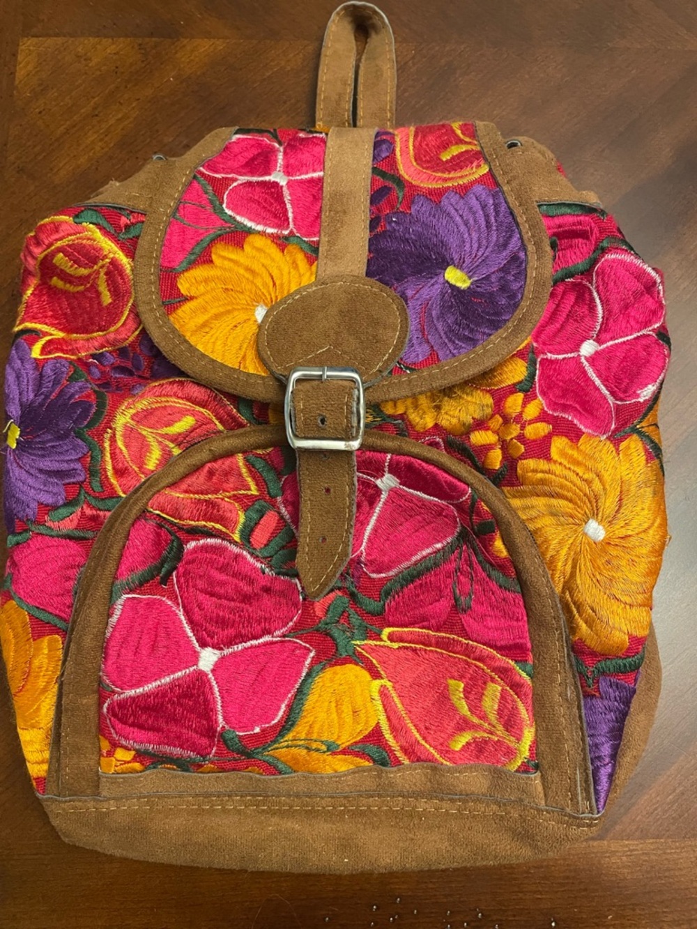 Embroidered Floral Suede-Trim Backpack - Pink, Yellow & Purple